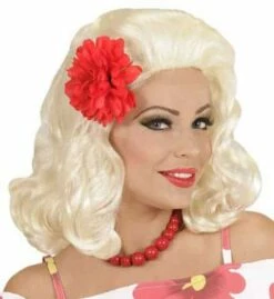 PERRUQUE PIN UP BLONDE (Rockabilly + Rose Rouge) Perruque Blonde En Boite