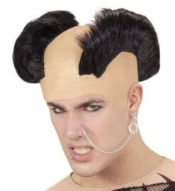 PERRUQUE DOUBLE CRÊTE (Faux Crane Chauve Souple) Perruque Punk - Crête Noire