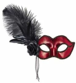 LOUP VENISE BRILLANT (Masque Rouge Et Perles) Plume Noire Et Rose Noire