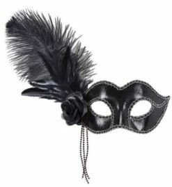 LOUP VENISE BRILLANT (Masque Noir Et Perles) Plume Noire Et Rose Noire