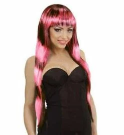 PERRUQUE FASHION RAYÉE (Bicolore Noire Et Rose) Perruque En Boite