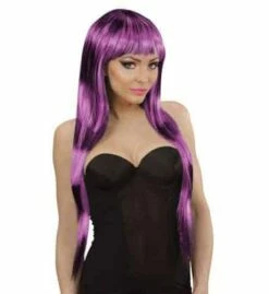 PERRUQUE FASHION RAYÉE (Bicolore Noir Et Violet) Perruque En Boite