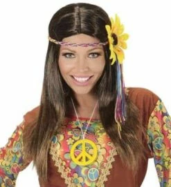 PERRUQUE HIPPIE FEMME (Bandeau Tournesol XL) Perruque Châtain En Sachet