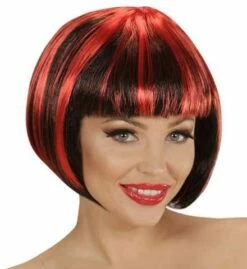 PERRUQUE FASHION STRIÉE (Bicolore Noire Et Rouge) Perruque En Sachet