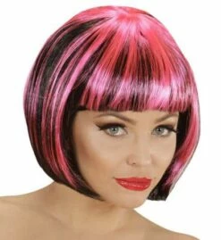 PERRUQUE FASHION STRIÉE (Bicolore Noire Et Rose) Perruque En Sachet