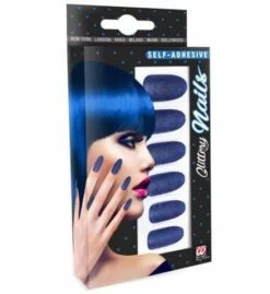 SET FAUX ONGLES BLEUS (Auto Adhésifs + Paillettes) Pack De 12 Faux Ongles