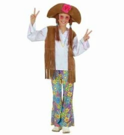 FILLE HIPPIE WOODSTOCK (Tenue + Chapeau + Cheveux) Tailles Enfants