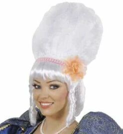 PERRUQUE MARQUISE (Perles Et Fleur Rose) Perruque Blanche En Sachet