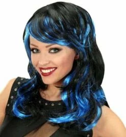 PERRUQUE BICOLORE STRIÉE (Cheveux Noirs Et Bleus) Perruque En Sachet