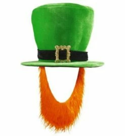 CHAPEAU SAINT PATRICK (Haut De Forme Velours Vert) Boucle Et Barbe Rousse