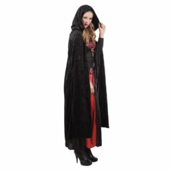 CAPE DE VAMPIRE VELOURS (Cape Noire Avec Capuche) Taille 170 Cm