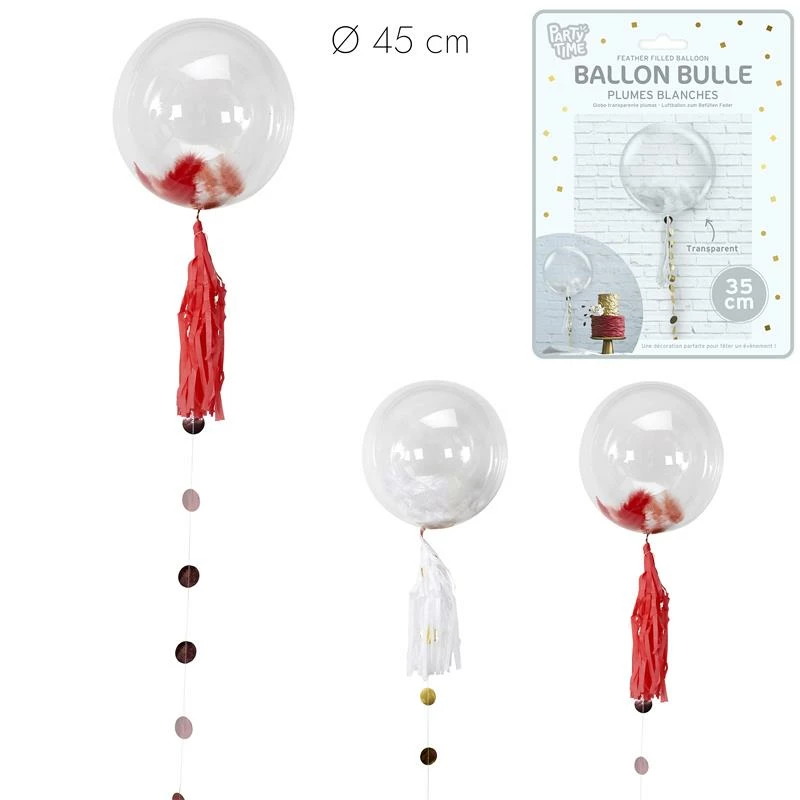 BALLON BULLE AVEC PLUMES (Taille 45 Cm - 2 Coloris) 3 BALLON BULLE AVEC PLUMES (Taille 45 Cm - 2 Coloris)